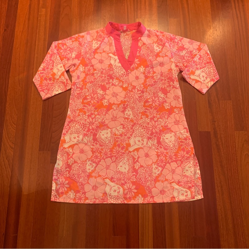 Lilly Pulitzer cotton pullover dress Pink Orange Cheetah Floral Tunic Kurta Sz M